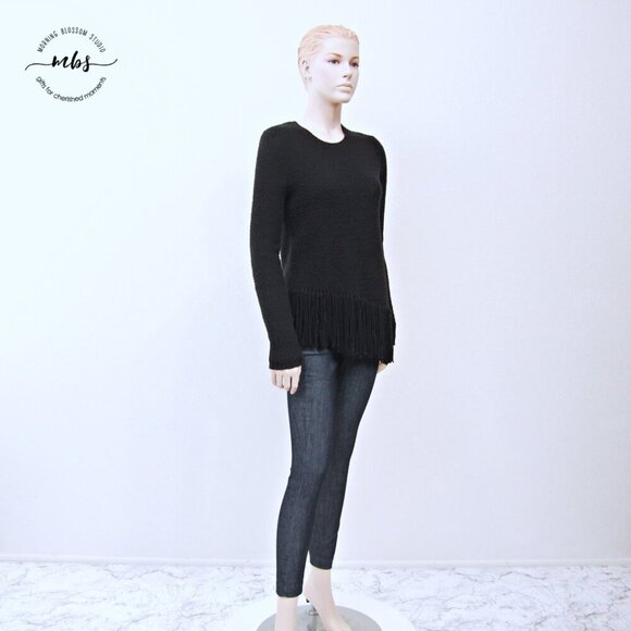 Theory Hudina Asymmetrical Crew Neck Merino Wool Fringe Hem Sweater Black SP - Picture 4 of 14